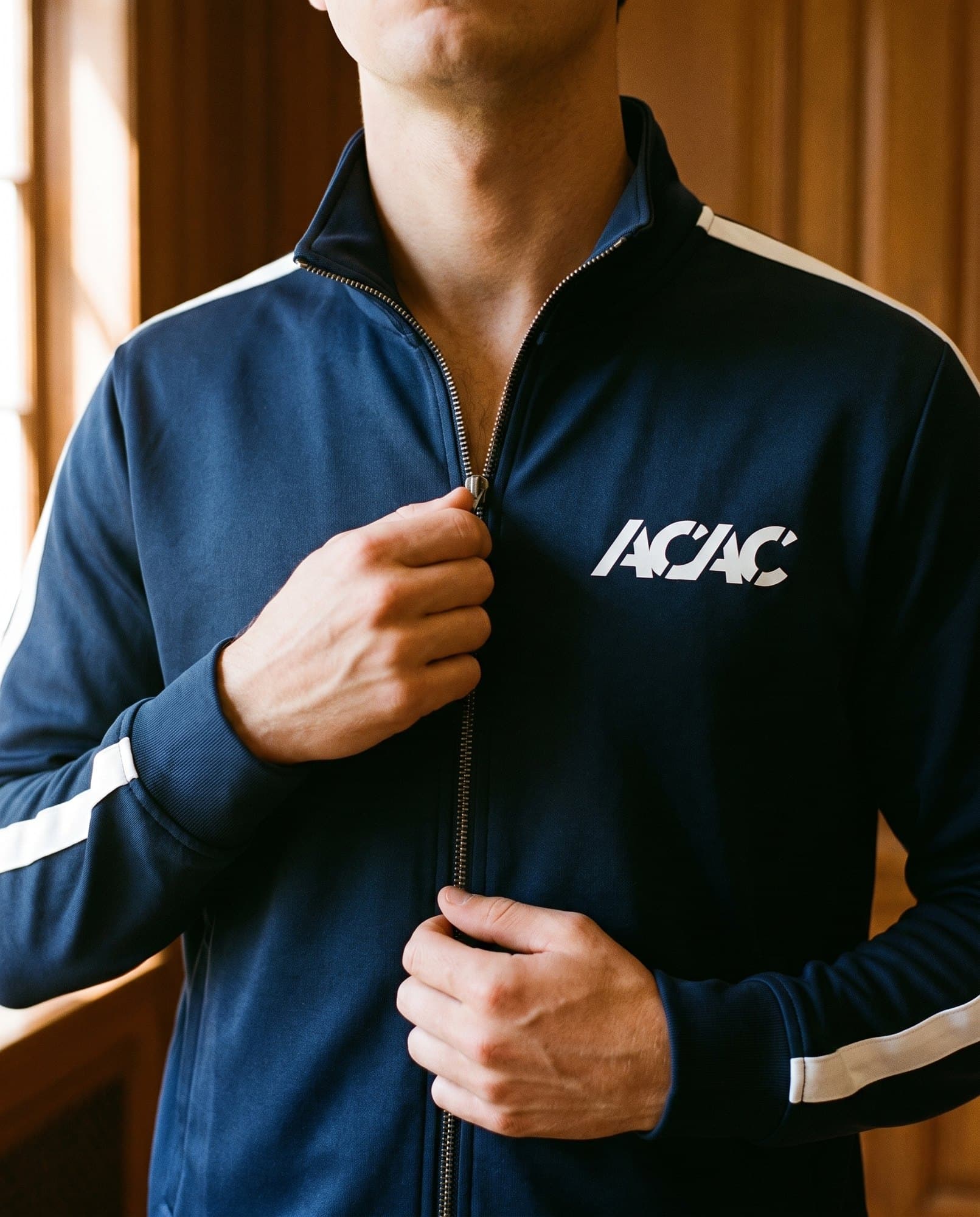 An acac member in the Club 84 striped track jacket